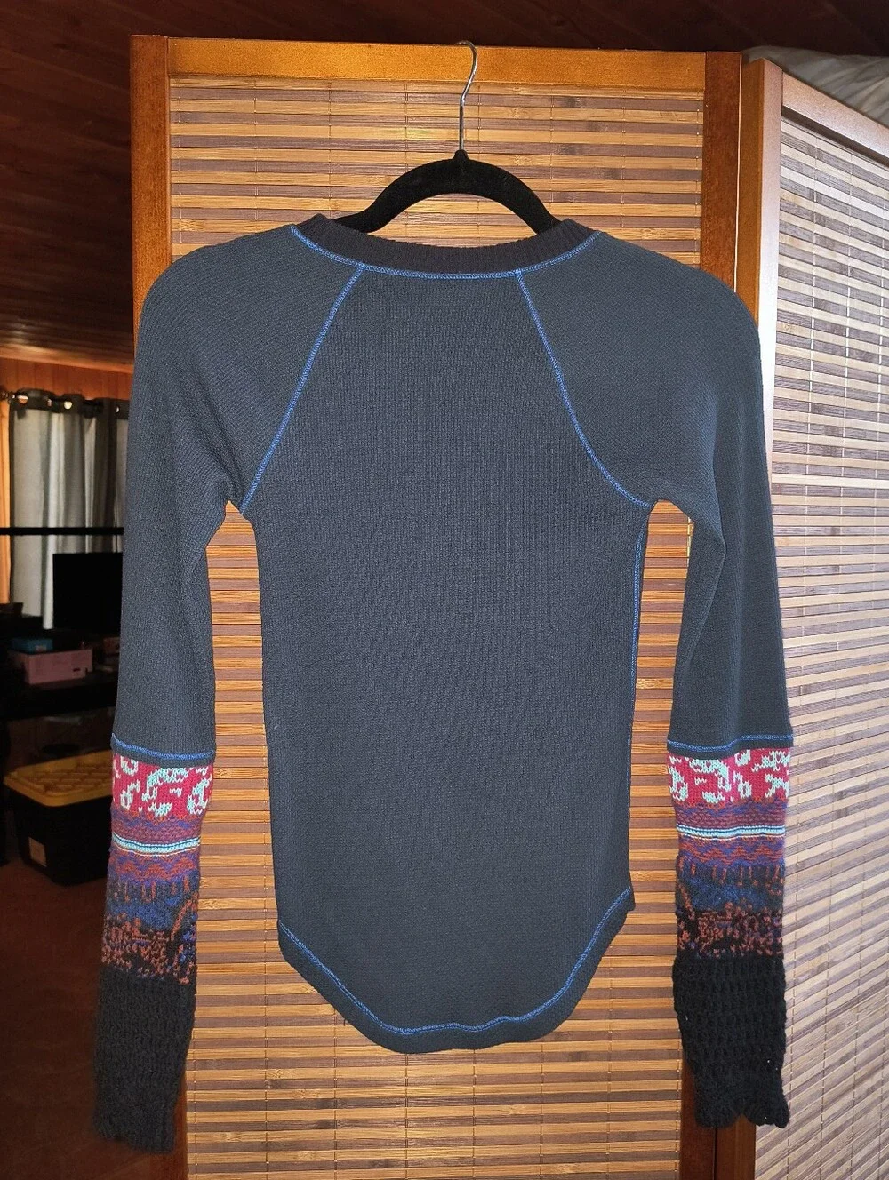 Free People Navy Waffle Thermal Top with Multicolor Patterned Sleeve Panels